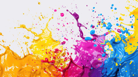 Lively backdrop featuring a burst of colored paint splashes, an artistic and dynamic display. Ai Generated.の素材