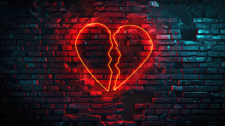 Broken heart-shaped neon sign adorns a brick wall, casting a melancholic aura. Ai Generated.の素材