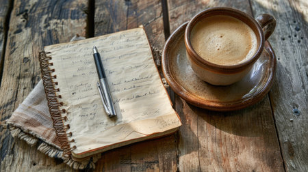 Coffee cup and notepad duo, ideal for jotting down ideas. Ai Generated.の素材