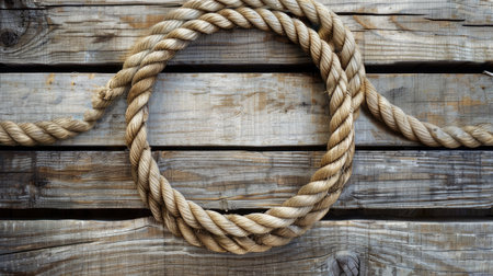 Rope circle on wooden background creates a charming nautical ambiance. Ai Generated.の素材