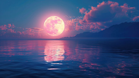 Serene and romantic panorama illuminated by the full moon over the sea, offering a mesmerizing nighttime view. Ai Generated.の素材