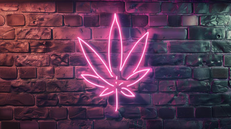 Neon sign in the shape of a simplified weed leaf brightens up a brick wall, symbolizing counterculture. Ai Generated.の素材