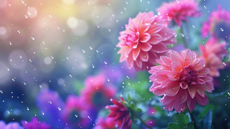 Rain-kissed dahlia flowers in a garden, showcasing their beauty amidst glistening raindrops. Ai Generated.の素材