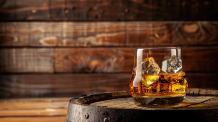Whiskey glass with ice cubes placed on a wooden barrel, set against a rustic wooden background for a classic ambiance. Ai Generated.の素材