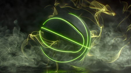 Immerse in the striking image of a black basketball surrounded by bright neon lines against a smoky backdrop, Ai Generated.の素材