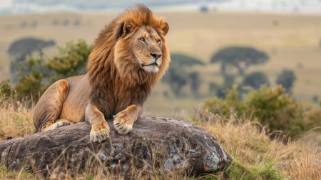 A powerful image capturing a male lion in repose on the summit of a rock, radiating regal authority, Ai Generated.