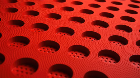 Vibrant red plate featuring striking black circles, adding a bold and eye-catching element. Ai Generated.の素材