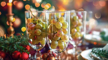 Festive table set with glasses filled with traditional lucky grapes, Ai Generated.の素材