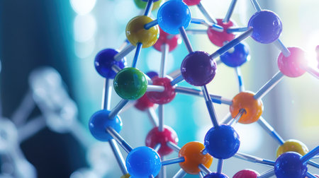 Atom structure depicted with electron orbits in molecule model. Nanomolecular technology concept. Ai Generatedの素材