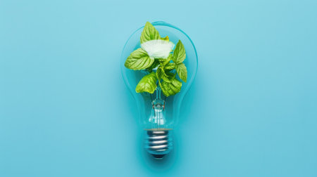 Green leaves fill light bulb, symbolizing eco-friendliness on blue. Ai Generatedの素材