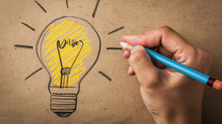 A simple yet powerful depiction of innovation: a hand-drawn light bulb on paper symbolizes the birth of a bright idea. Ai Generatedの素材