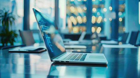 Wooden table hosts laptop, screen awaiting purpose. Ai Generatedの素材