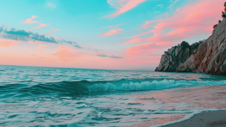 Marvel at the beauty of nature where rugged cliffs meet fierce waves under a stunning sunset, crafted against a simplified background.の素材