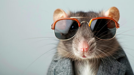 This fashionable rat poses like a supermodel in a stylish jacket and tie, complete with shades and a sleek plain background.の素材