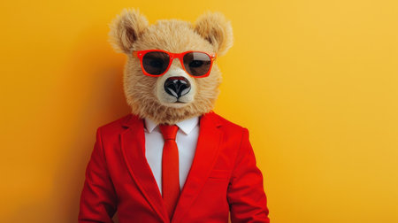 This fashionable bear rocks sunglasses and a dress jacket, exuding chic vibes against a simple backdrop.の素材