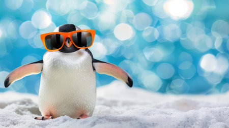This wild Antarctic penguin rocks its sunglasses while basking under the sun, radiating charm and a funloving attitude.の素材