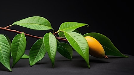 A luscious, ripe mango with a bright green leaf, presenting a delightful contrast against a clean white background.の素材