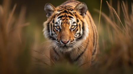 Experience the majestic aura of a wild tiger, beautifully captured with a softfocus jungle background that enhances its wild spirit.の素材