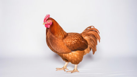 Elegant purebred brown chicken perfectly captured, highlighting its rich feathers and charm while set on a bright white canvas.の素材