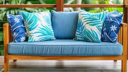 Enjoy the serene outdoor ambiance with a light blue sofa, complete with cheerful patterned cushions, on your terrace.の素材