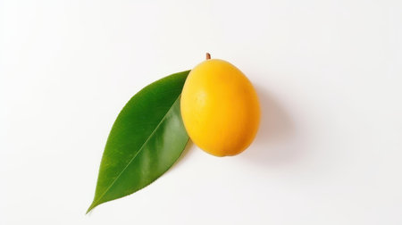 A luscious, ripe mango with a bright green leaf, presenting a delightful contrast against a clean white background.の素材