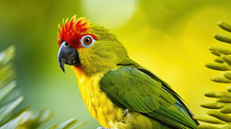 This stunning portrait captures a colorful parrot, its brilliant plumage vivid against a dreamy, indistinct background.の素材