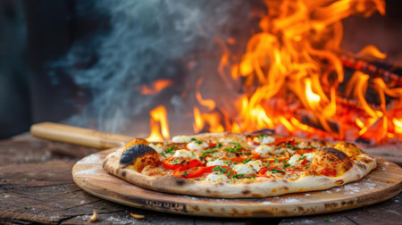 Savor the rich, smoky flavors of woodfired pizza, a hallmark of traditional Italian cuisine prepared with care.の素材