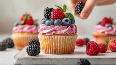 Witness the magic as a pastry chef enhances muffins with vibrant fresh berries, creating a delicious and eyecatching dessert.の素材
