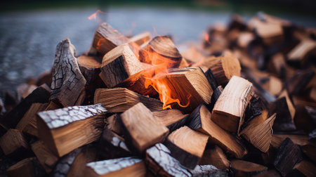 Experience the dance of flames in a pile of burning wood, a captivating spectacle of nature and warmth merging together.の素材