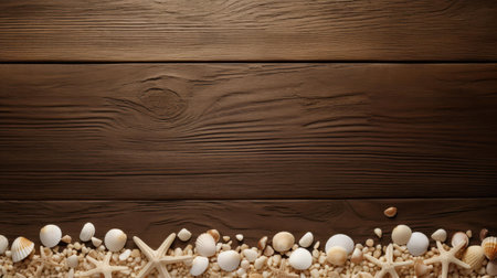 An artistic arrangement of seashells and a starfish, creating a tranquil beach vibe against a clean white surface.の素材