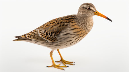 A solitary sandpiper bird, characterized by its slender figure and long legs, isolated on a crisp white backdrop.の素材
