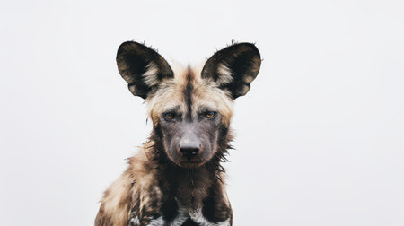 This captivating image highlights the intricate patterns and expressive eyes of the African wild dog, capturing its wild spirit.の素材