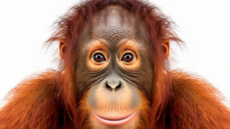 Captivating image of an orangutan, highlighting its intelligent gaze and rich fur on a clean, white background.の素材