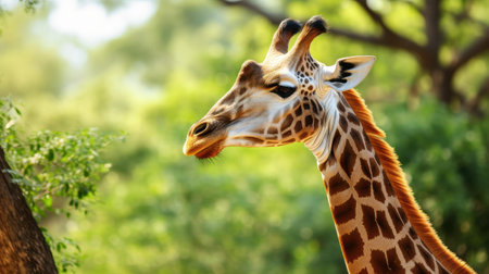 Capture the elegance of a giraffe in profile, set against a dreamlike, outoffocus landscape of lush nature.の素材