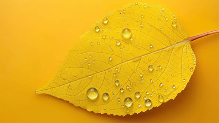 Capture the essence of fall with this small yellow leaf, glistening with droplets against a picturesque autumn backdrop.の素材