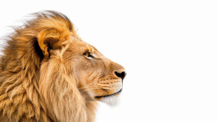 Stunning side view of a lion, highlighting its fierce expression and strong physique, set on a clean white canvas.の素材