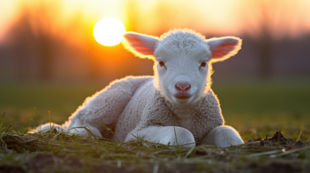 As the sun sets, golden rays illuminate a tranquil meadow, highlighting a charming lamb enjoying its evening snack.の素材