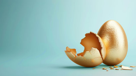 A stunning cracked gold Easter egg shines with opulence, perfect for showcasing your creative ideas in its vast copy space.の素材