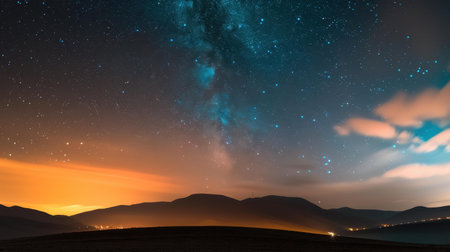 Experience a stunning fusion of stars and clouds above a lively city, showcasing the vastness of the cosmos.の素材