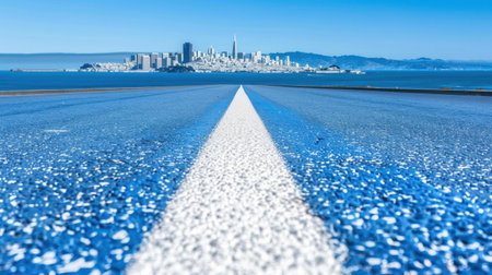 A mistcovered city skyline awaits at the end of the empty road, symbolizing the thrill of journeys yet to unfold.の素材