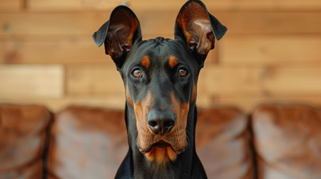 The noble Doberman rests on a plush leather couch, proudly holding a soccer ball, capturing the spirit of fun and loyalty.の素材