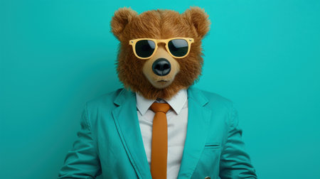 This fashionable bear rocks sunglasses and a dress jacket, exuding chic vibes against a simple backdrop.の素材