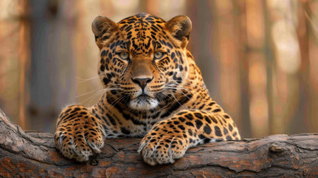 Witness the beauty of a jaguar perched high on a tree, a perfect predator blending into its surroundings with sharp focus.の素材