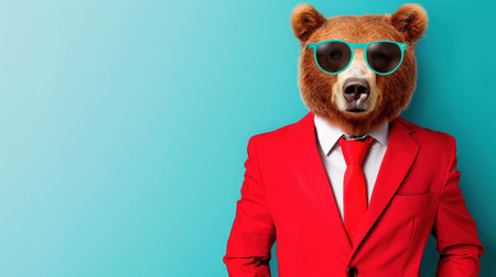 This fashionable bear rocks sunglasses and a dress jacket, exuding chic vibes against a simple backdrop.の素材