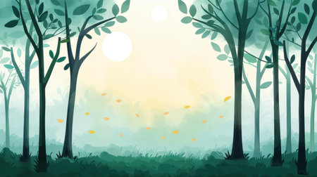 Immerse yourself in the serene beauty of a misty forest, captured in a delicate atmospheric painting with gentle colors.の素材