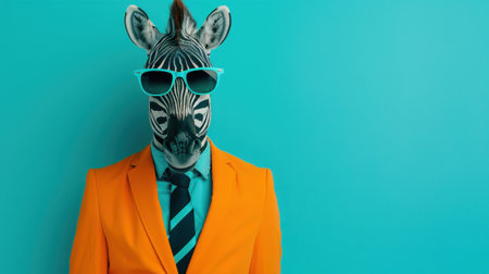 This chic zebra rocks a bold fashion outfit, complete with sunglasses, making a striking statement in a minimalist setting.の素材