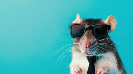 This fashionable rat poses like a supermodel in a stylish jacket and tie, complete with shades and a sleek plain background.の素材