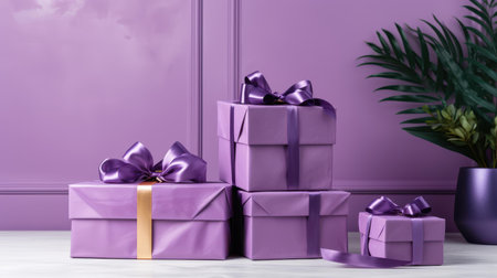 Elegant purple gift box with a stylish ribbon, creating an eyecatching decor piece for birthdays or celebrations against a simple background.の素材