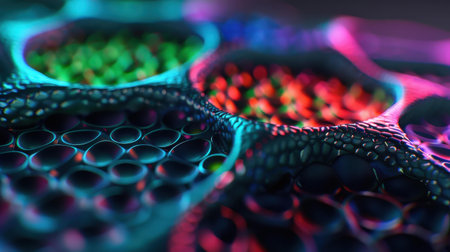 Discover the fine structures of various materials in this detailed, handcolored microscope image, revealing hidden beauty.の素材