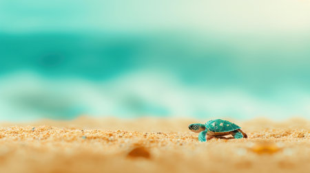 Witness the grace of a sea turtle as it strolls along the shore, the soft sands cradling its journey in this serene moment.の素材